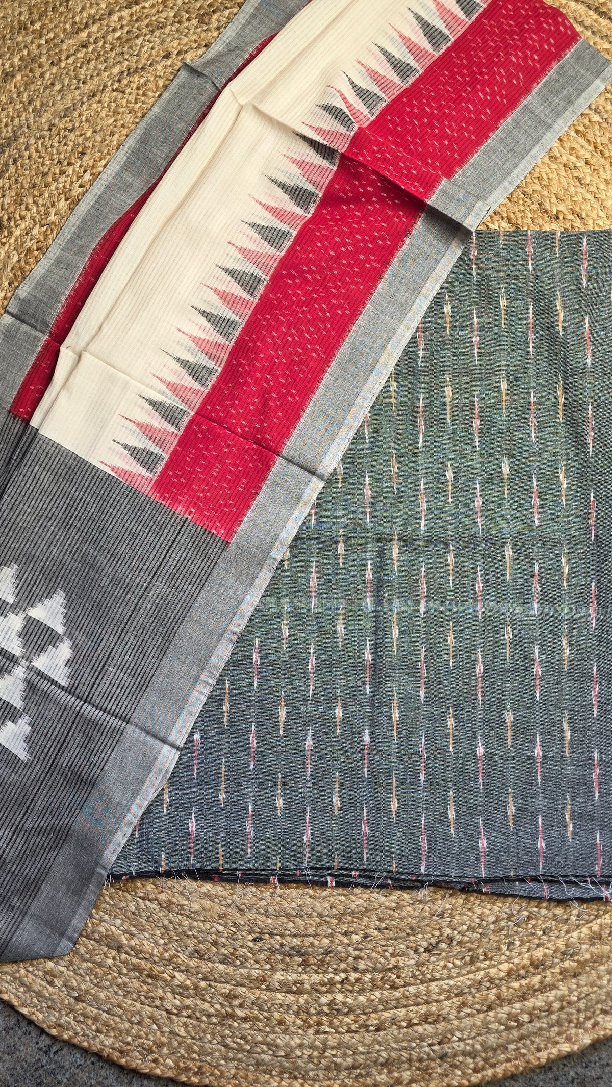 Grey & Red Temple Border Handloom Ikat Cotton Dress Material (2 Piece)