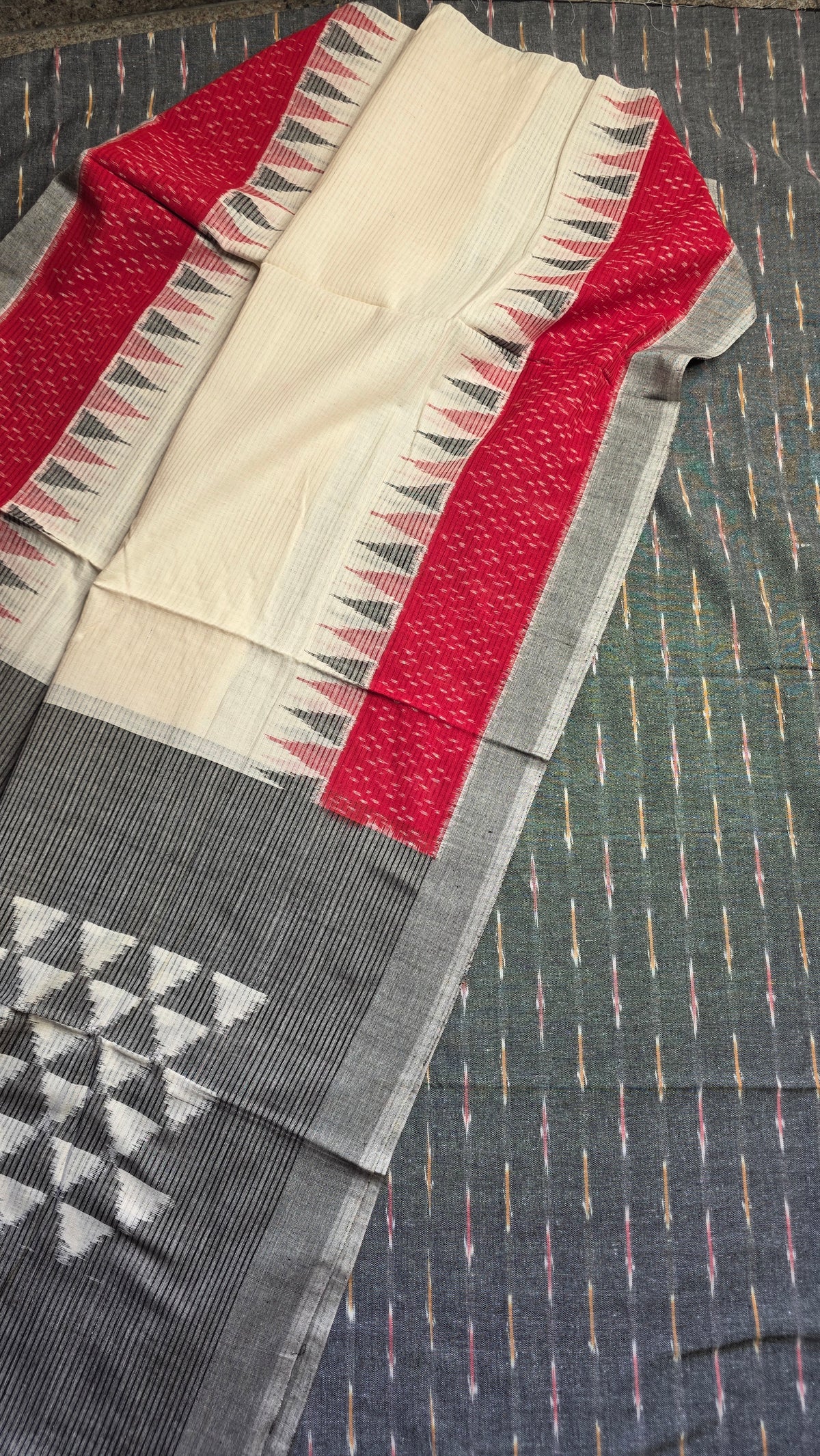 Grey & Red Temple Border Handloom Ikat Cotton Dress Material (2 Piece)