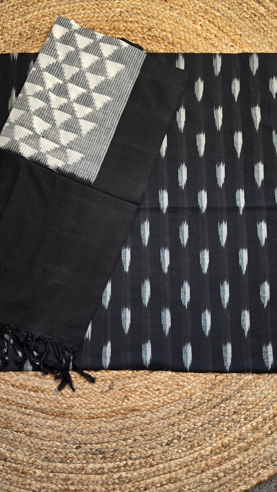 Black & White Handloom Ikat Cotton Dress Material (2 Piece)