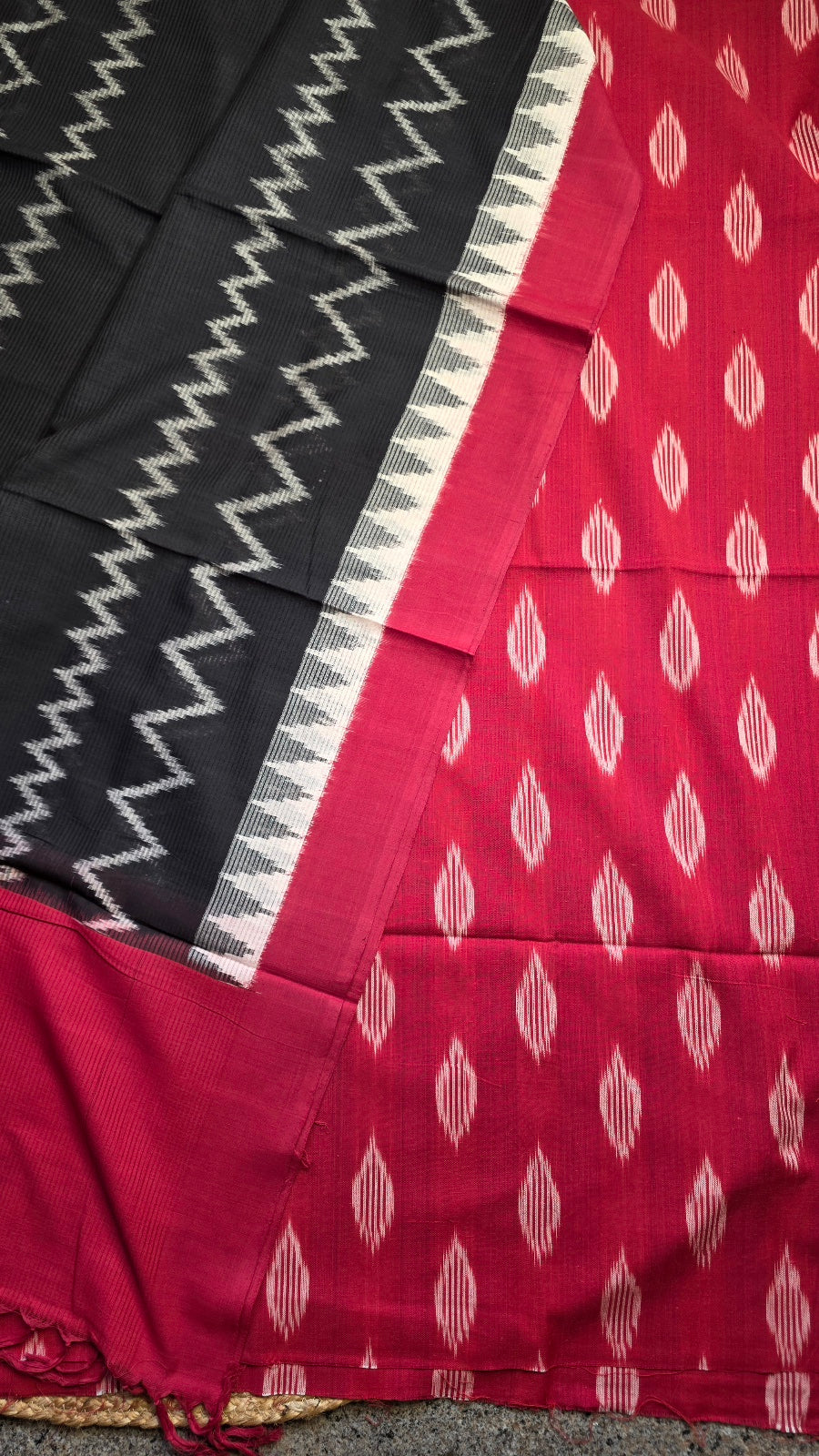 Red & Black Zigzag Handloom Ikat Cotton Dress Material (2 Piece)