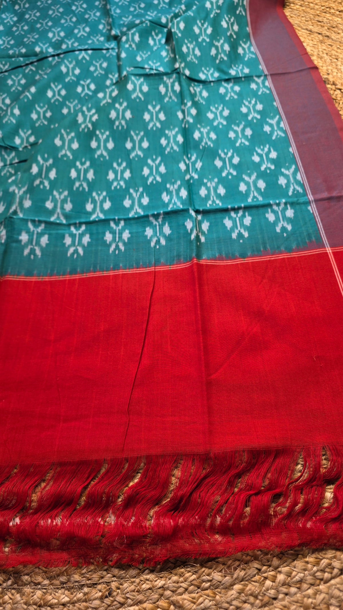 Red & Teal Handloom Ikat Cotton Dress Material (2 Piece)