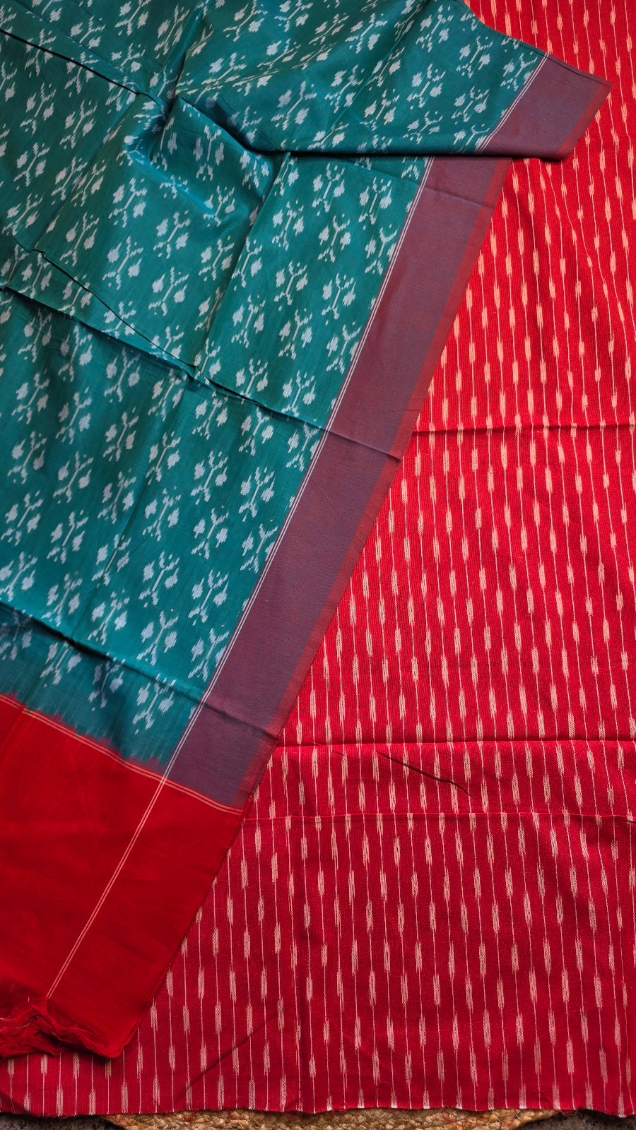 Red & Teal Handloom Ikat Cotton Dress Material (2 Piece)