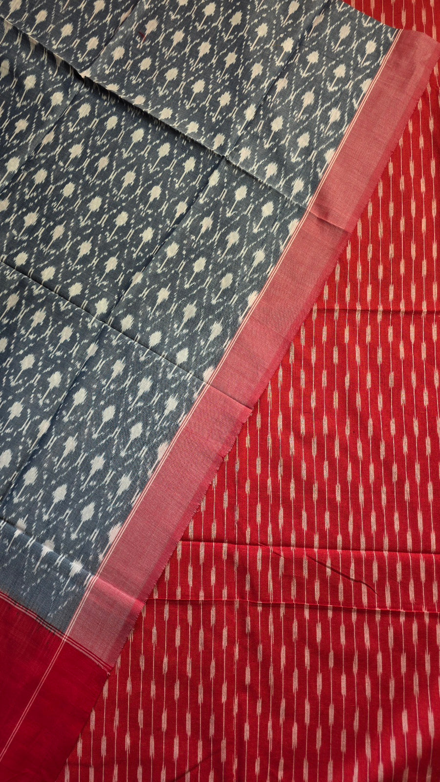 Red & Grey Handloom Ikat Cotton Dress Material (2 Piece)
