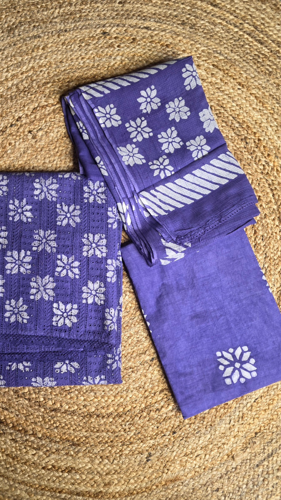 Lavender Hakoba Cotton Dress Material with Hand Block Print (3 Piece)