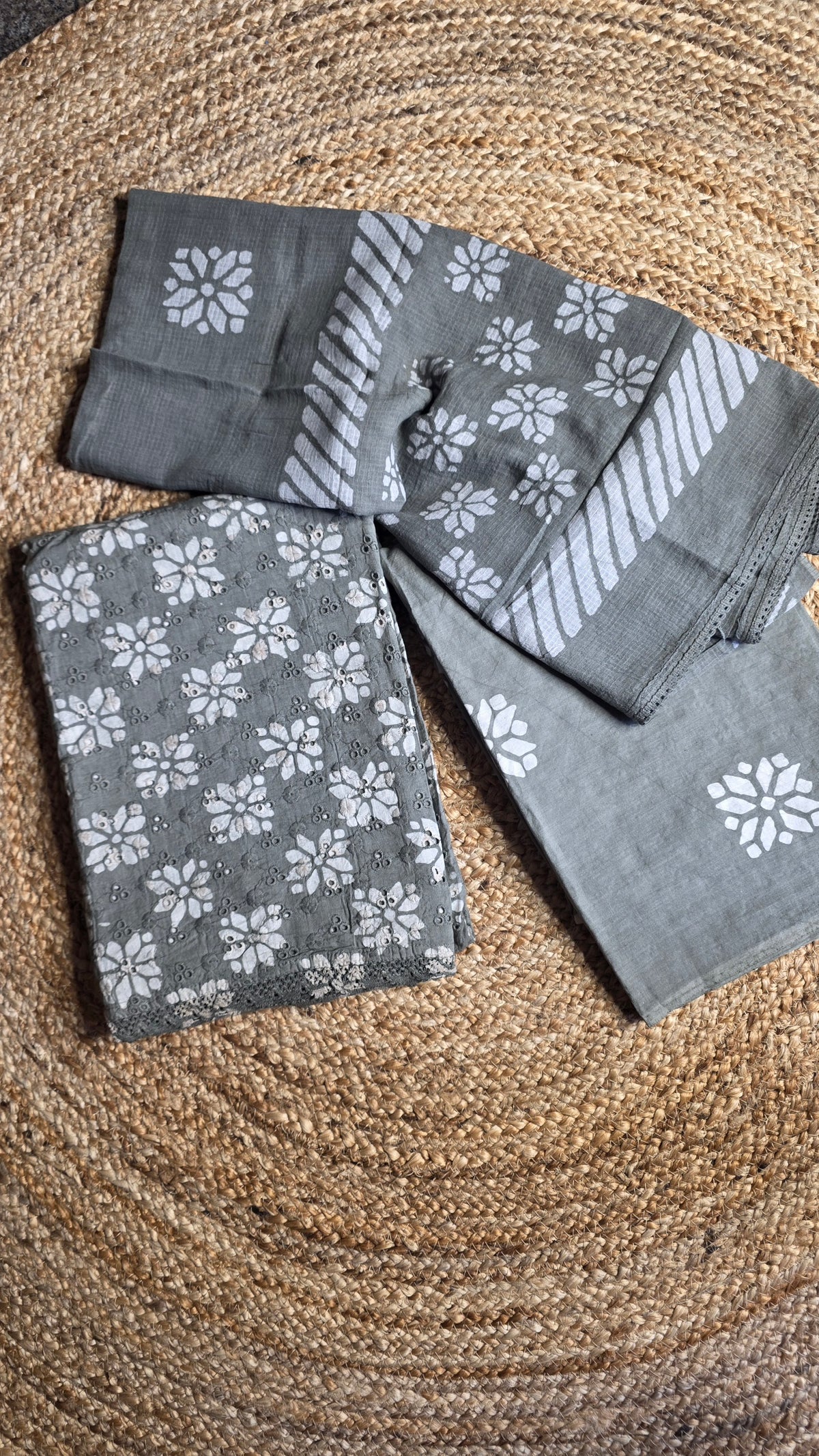 Grey Hakoba Cotton Dress Material with Hand Block Print (3 Piece)