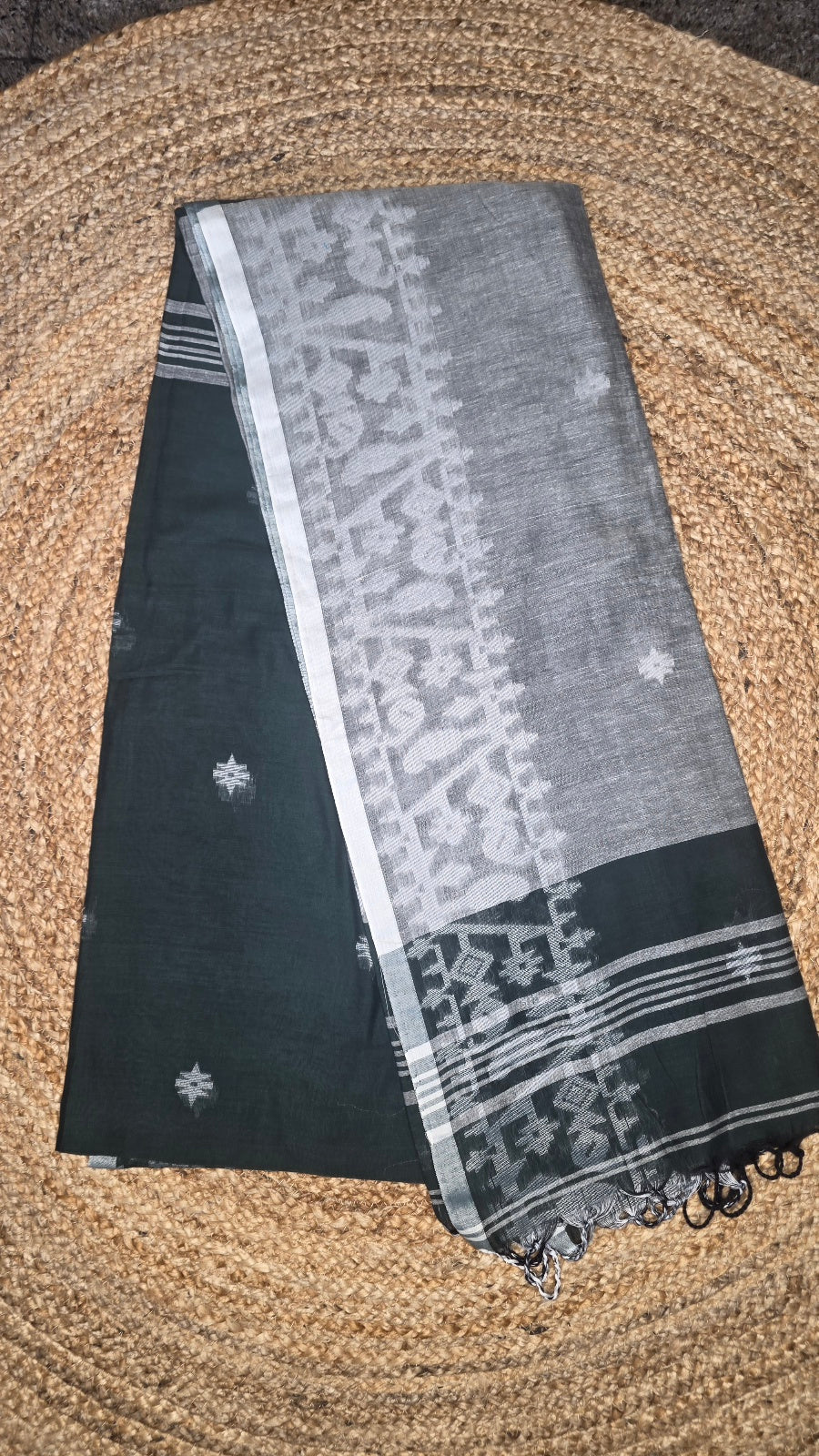 Bottle Green & Grey Handloom Saree with Running Blouse