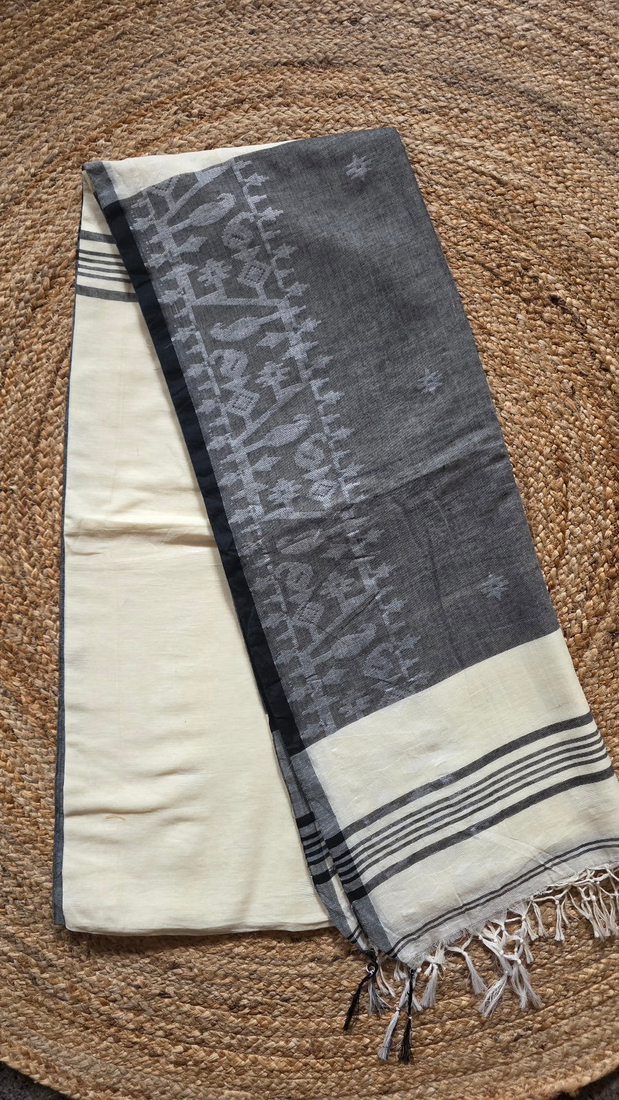 Cream & Grey Handloom Saree with Running Blouse