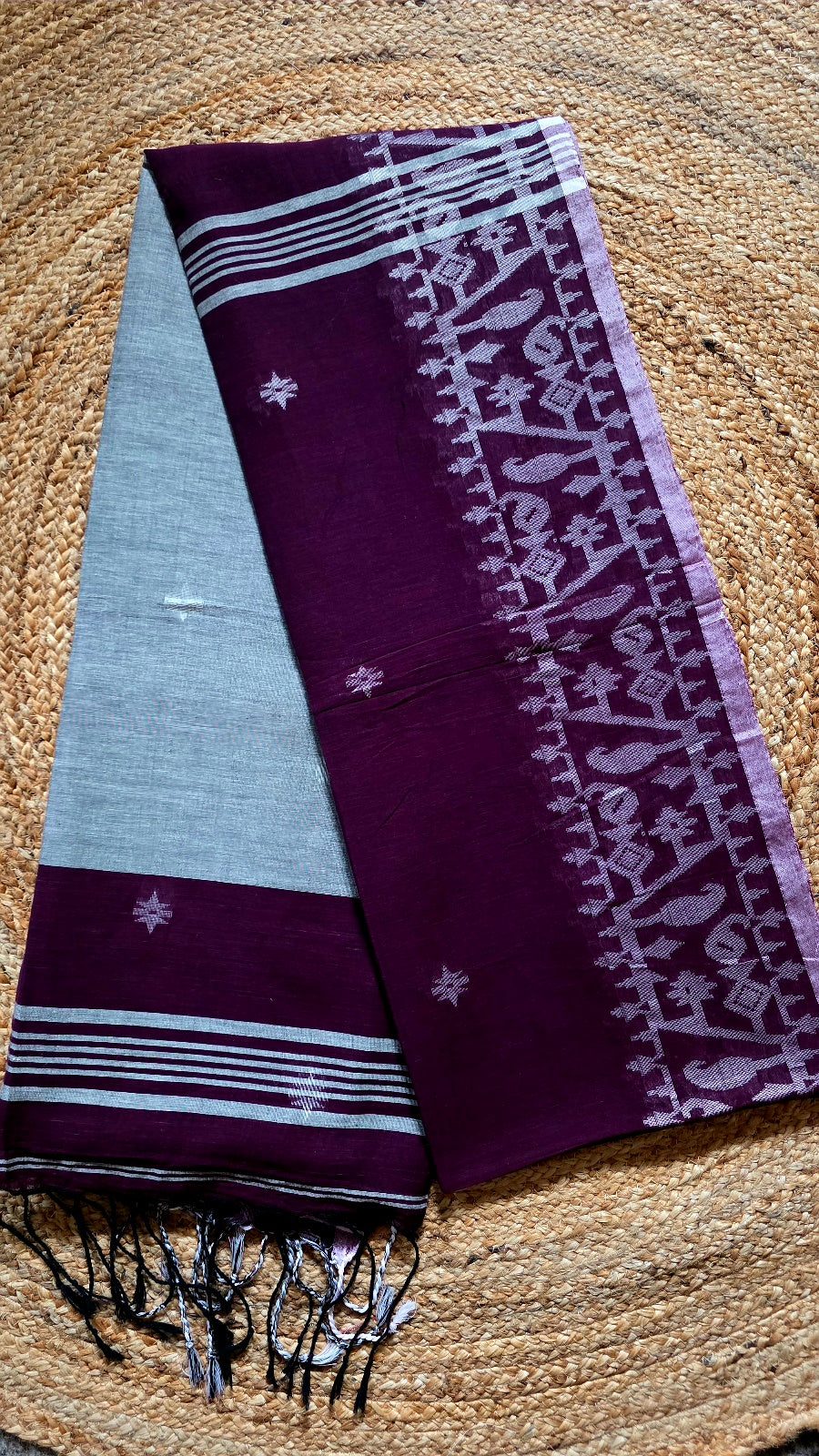 Wine & Grey Handloom Saree with Running Blouse