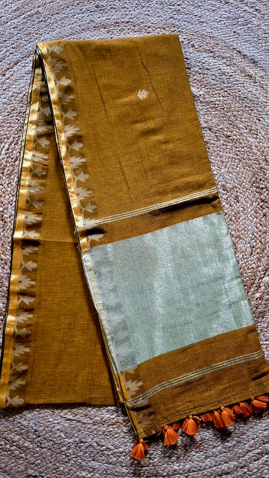 Mustard Handloom Cotton Saree with Temple Border
