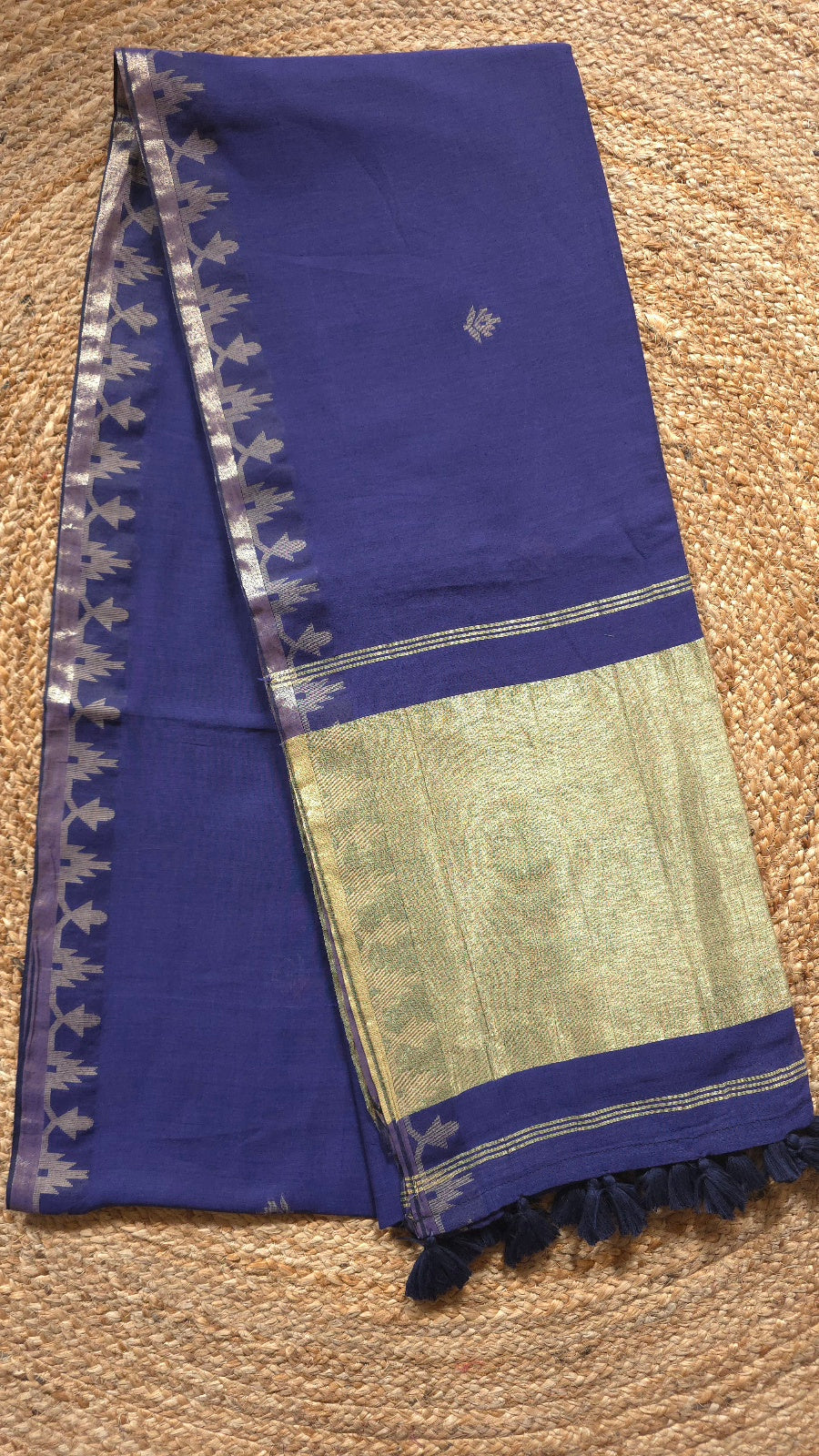 Soft Indigo Handloom Cotton Saree with Temple Border