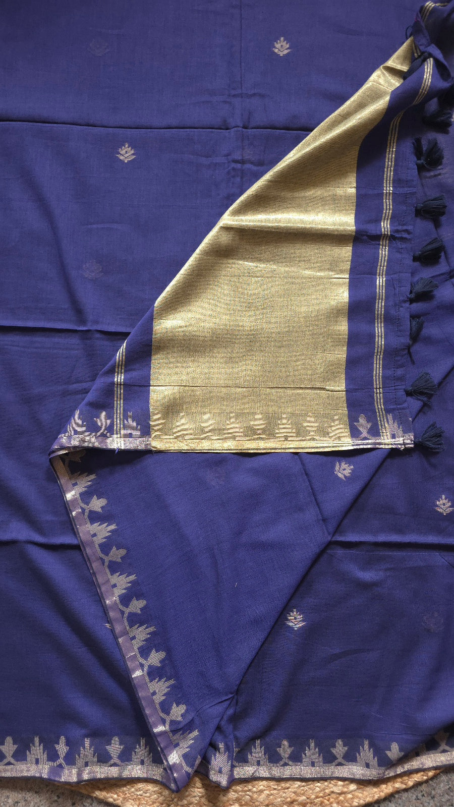 Soft Indigo Handloom Cotton Saree with Temple Border