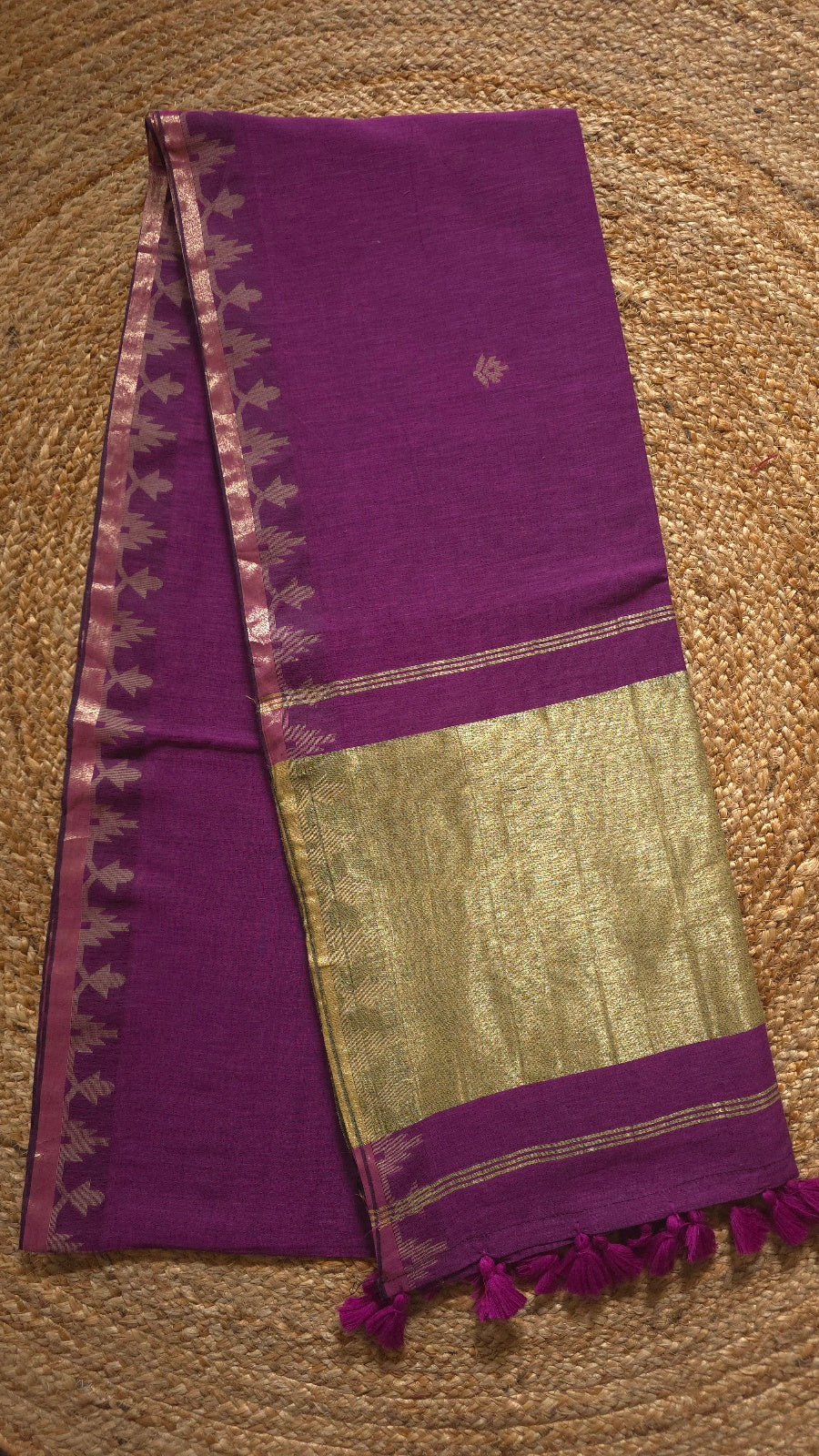 Purple Handloom Cotton Saree with Temple Border