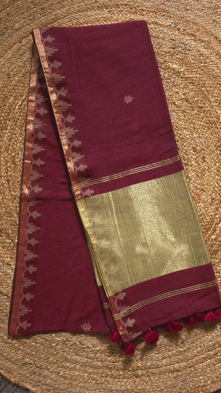 Maroon Handloom Cotton Saree with Temple Border