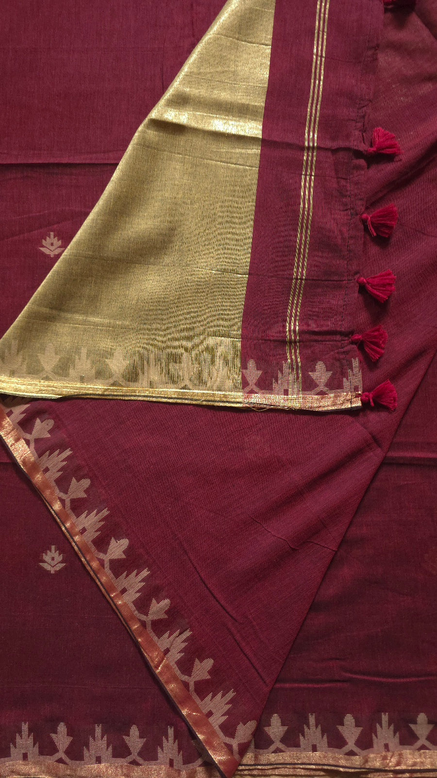 Maroon Handloom Cotton Saree with Temple Border