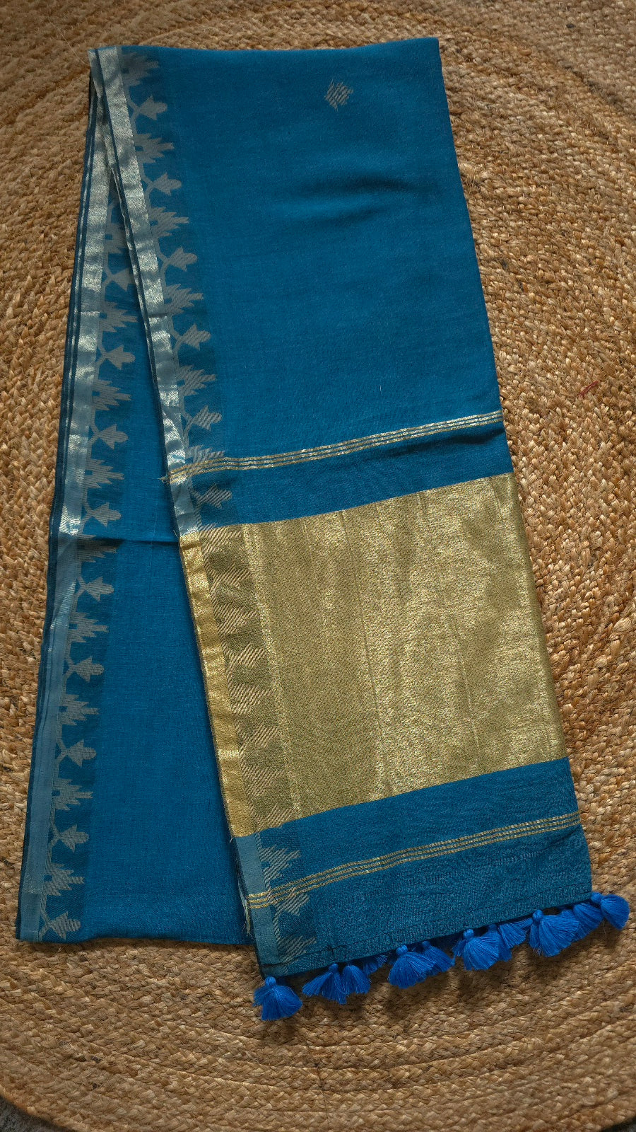 Peacock Blue Handloom Cotton Saree with Temple Border