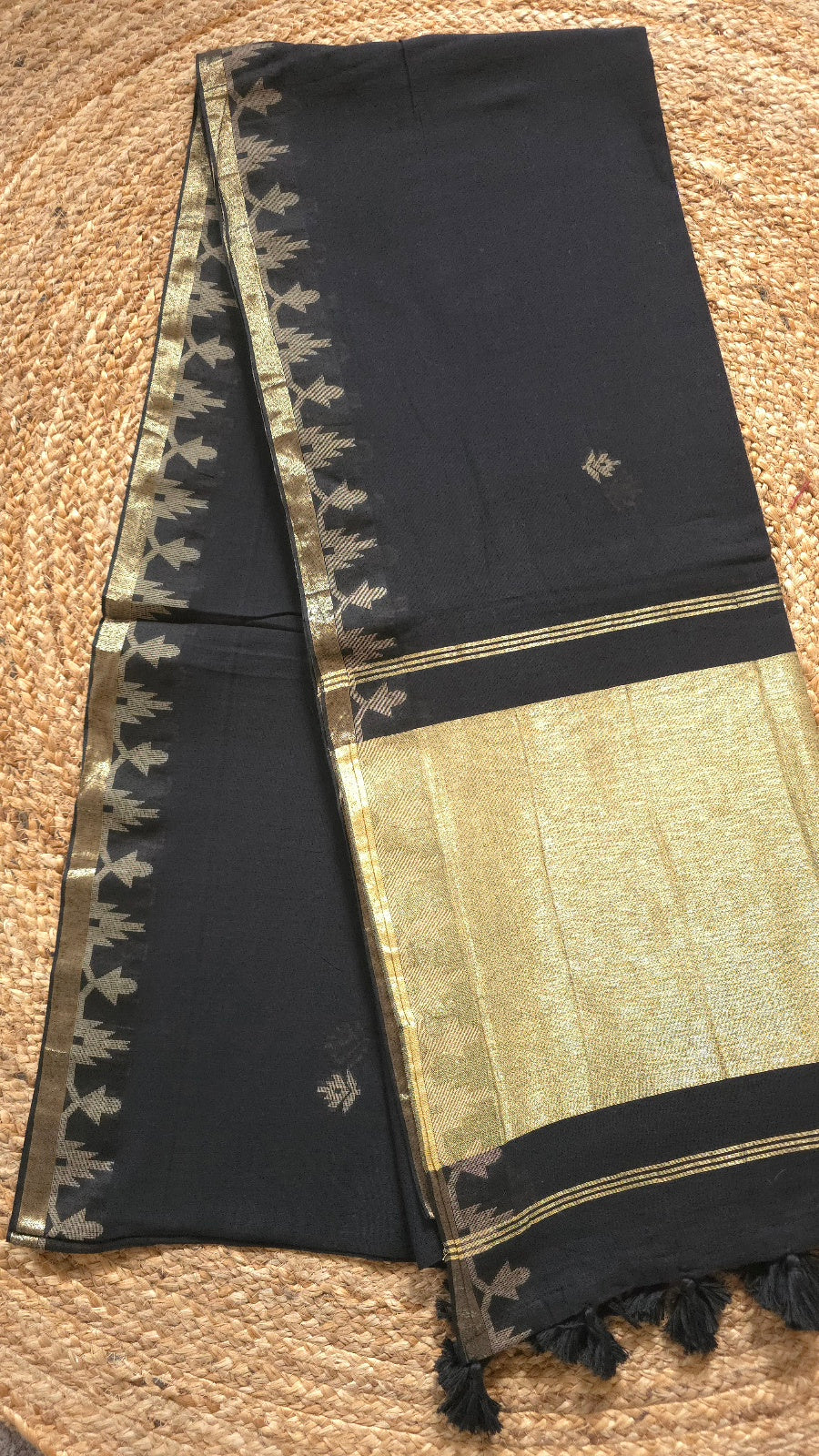 Black Handloom Cotton Saree with Temple Border
