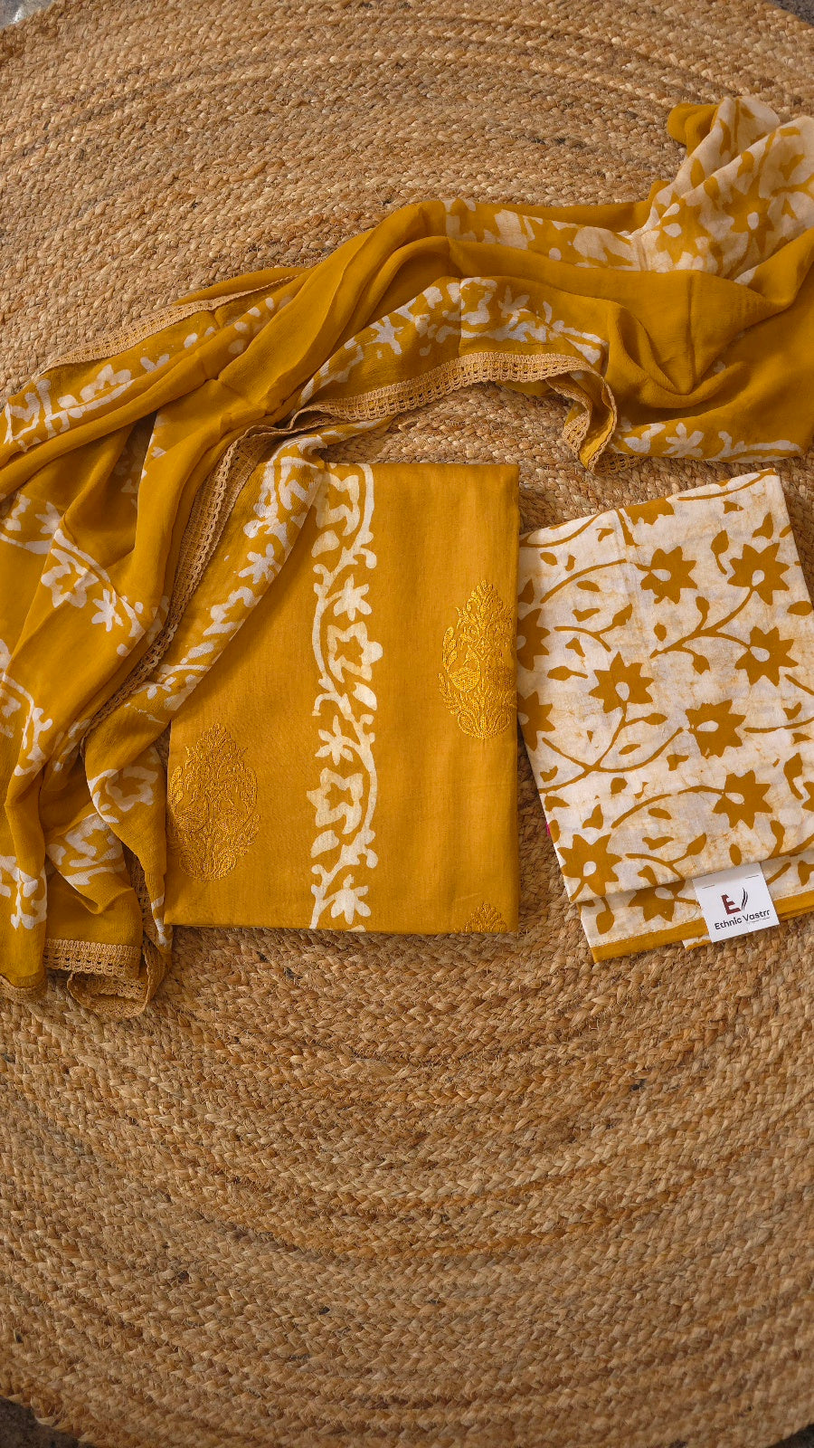 Mustard Hand Batik Handloom Cotton Dress Material with Embroidered Buttas (3 Piece)