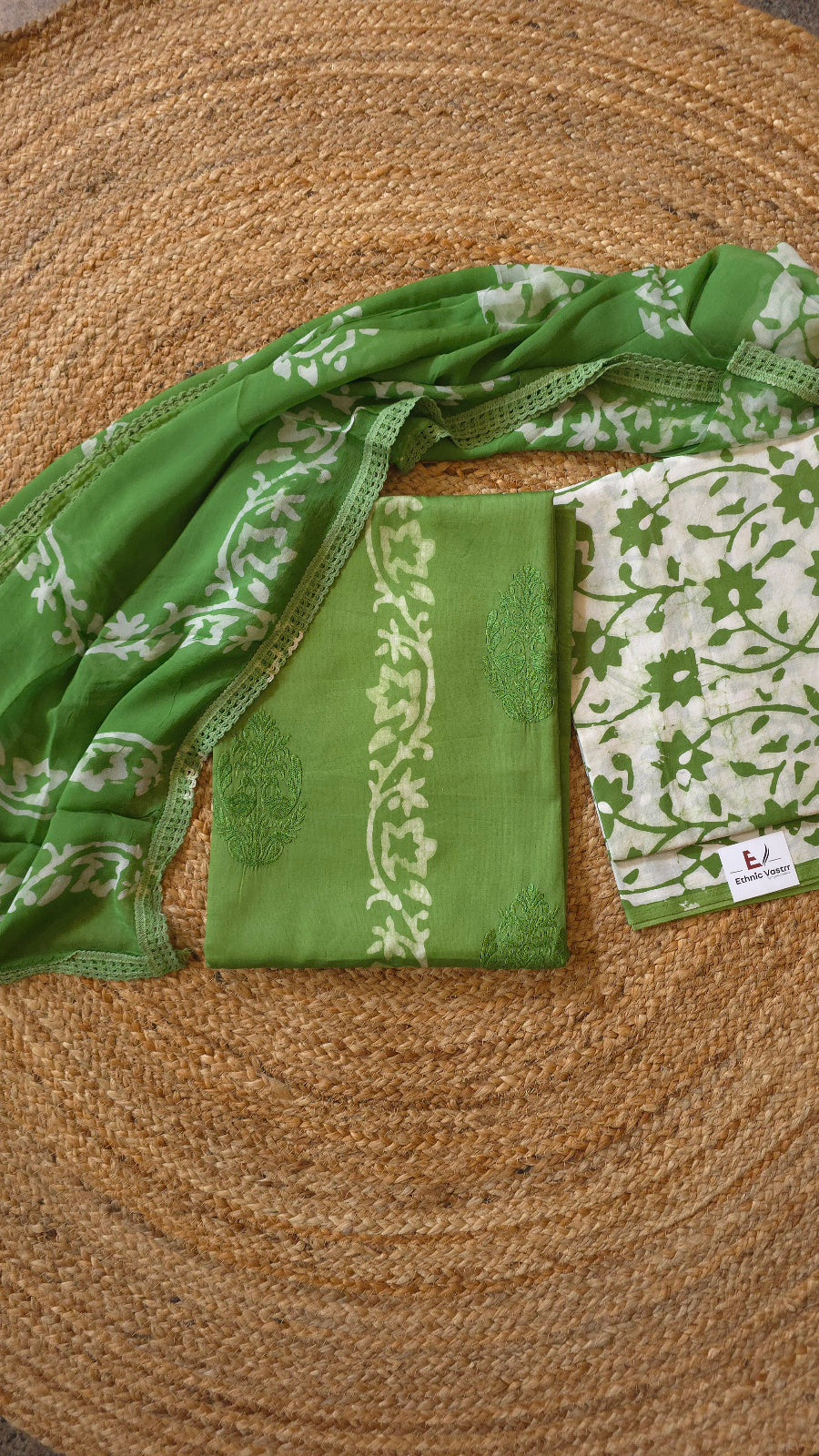 Green Hand Batik Handloom Cotton Dress Material with Embroidered Buttas (3 Piece)