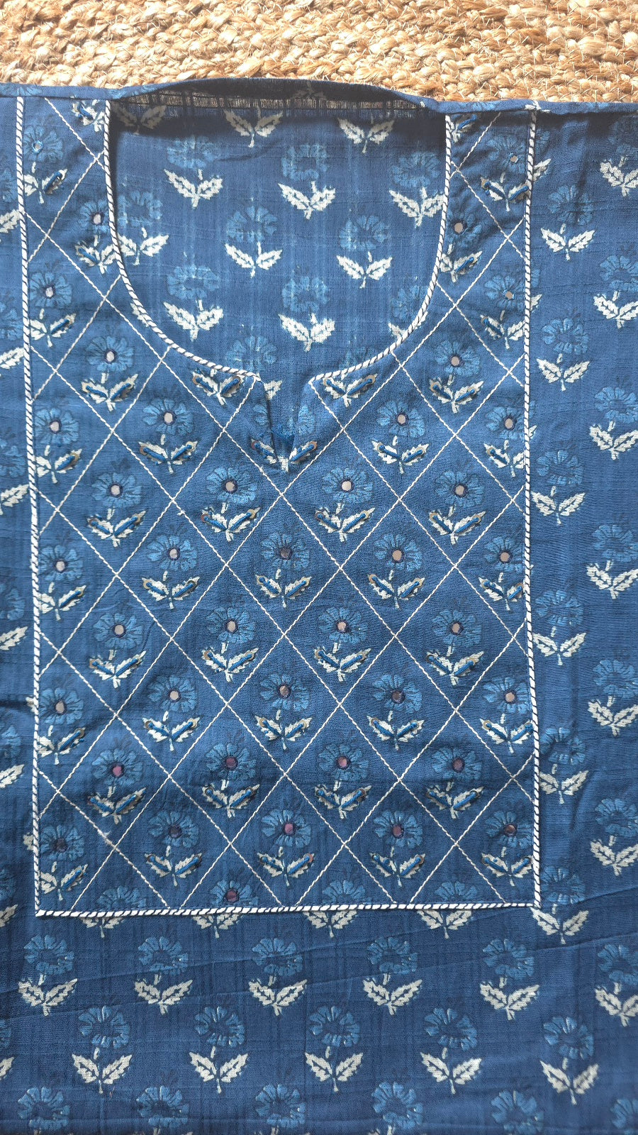 Indigo Blue Hand Block Print Cotton Dress Material with Mirror Work Yoke (3 Piece)