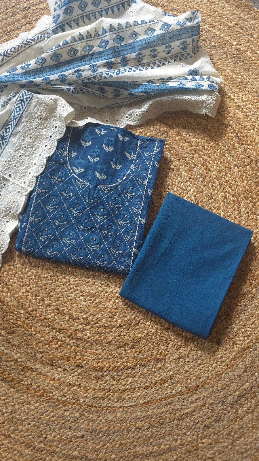 Indigo Blue Hand Block Print Cotton Dress Material with Mirror Work Yoke (3 Piece)