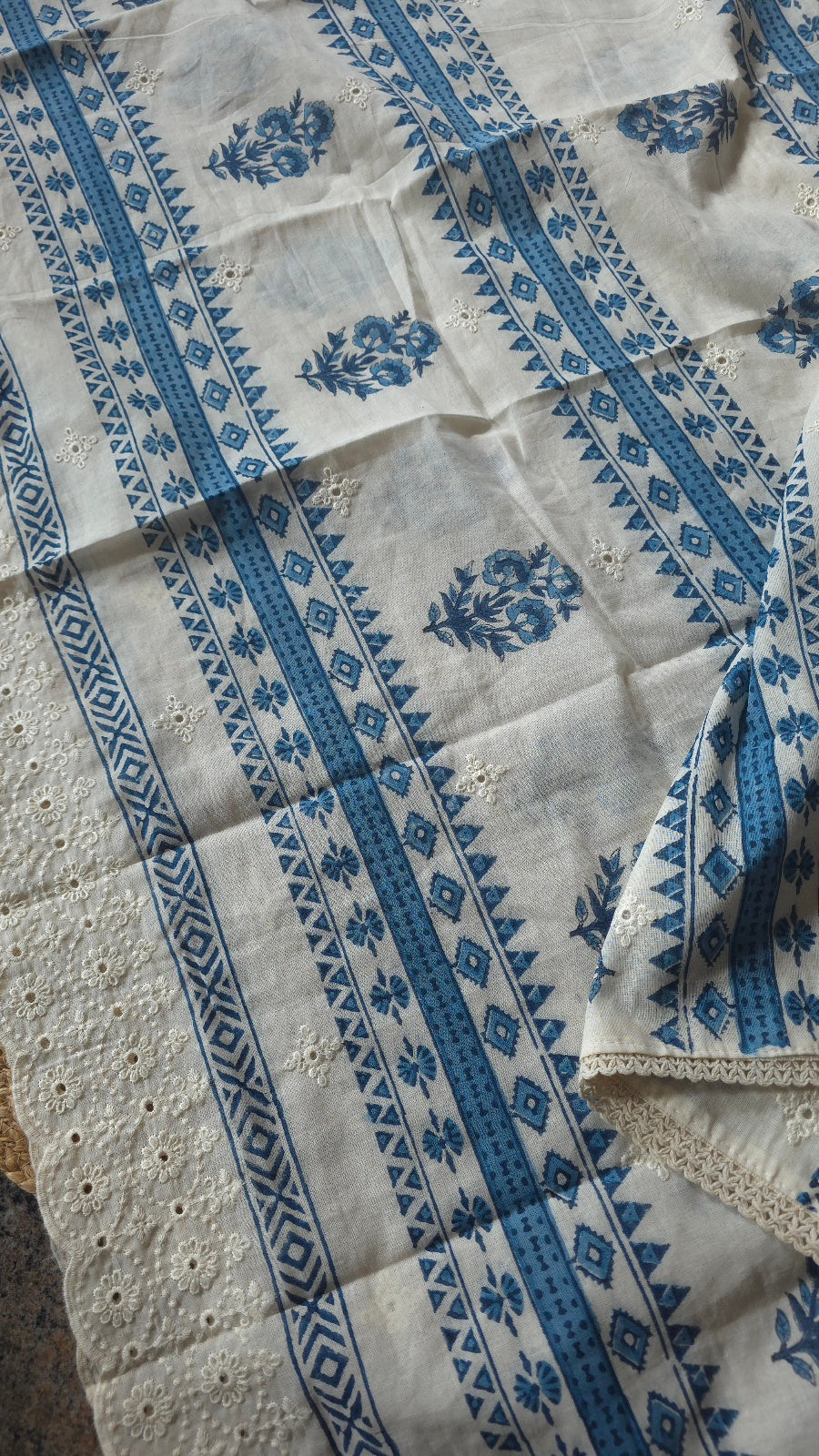 Indigo Blue Hand Block Print Cotton Dress Material with Mirror Work Yoke (3 Piece)