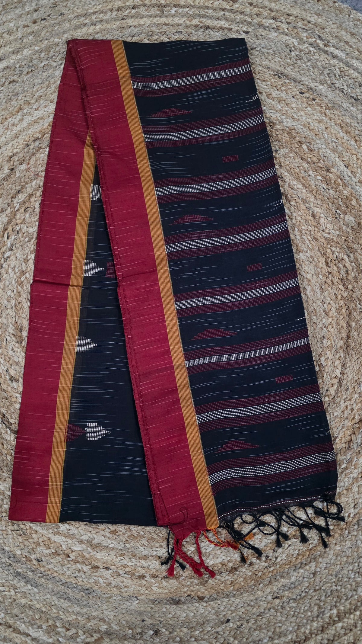 Black Handloom Viscose Cotton Saree with Red Border
