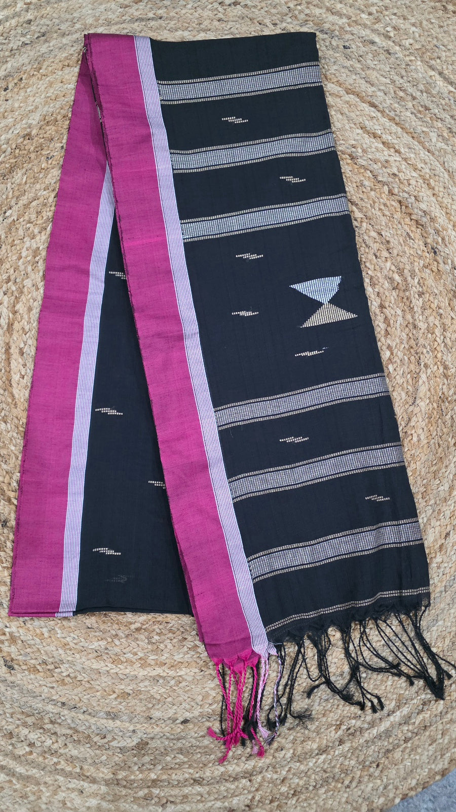 Black Handloom Viscose Cotton Saree with Pink Border