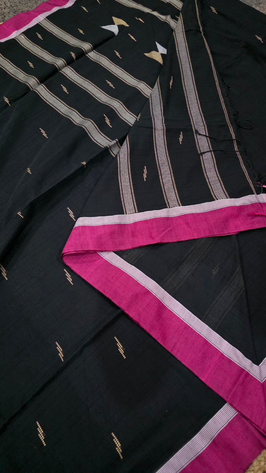 Black Handloom Viscose Cotton Saree with Pink Border