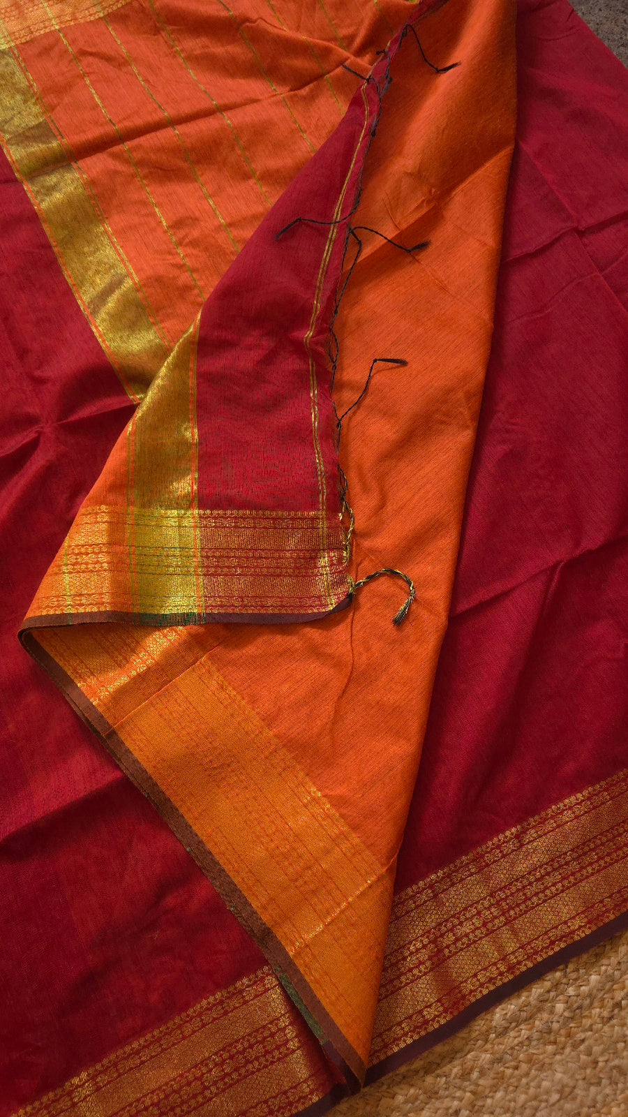 Red Maheshwari-Style Cotton Silk Saree with Orange Pallu