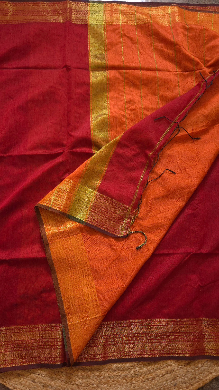 Red Maheshwari-Style Cotton Silk Saree with Orange Pallu