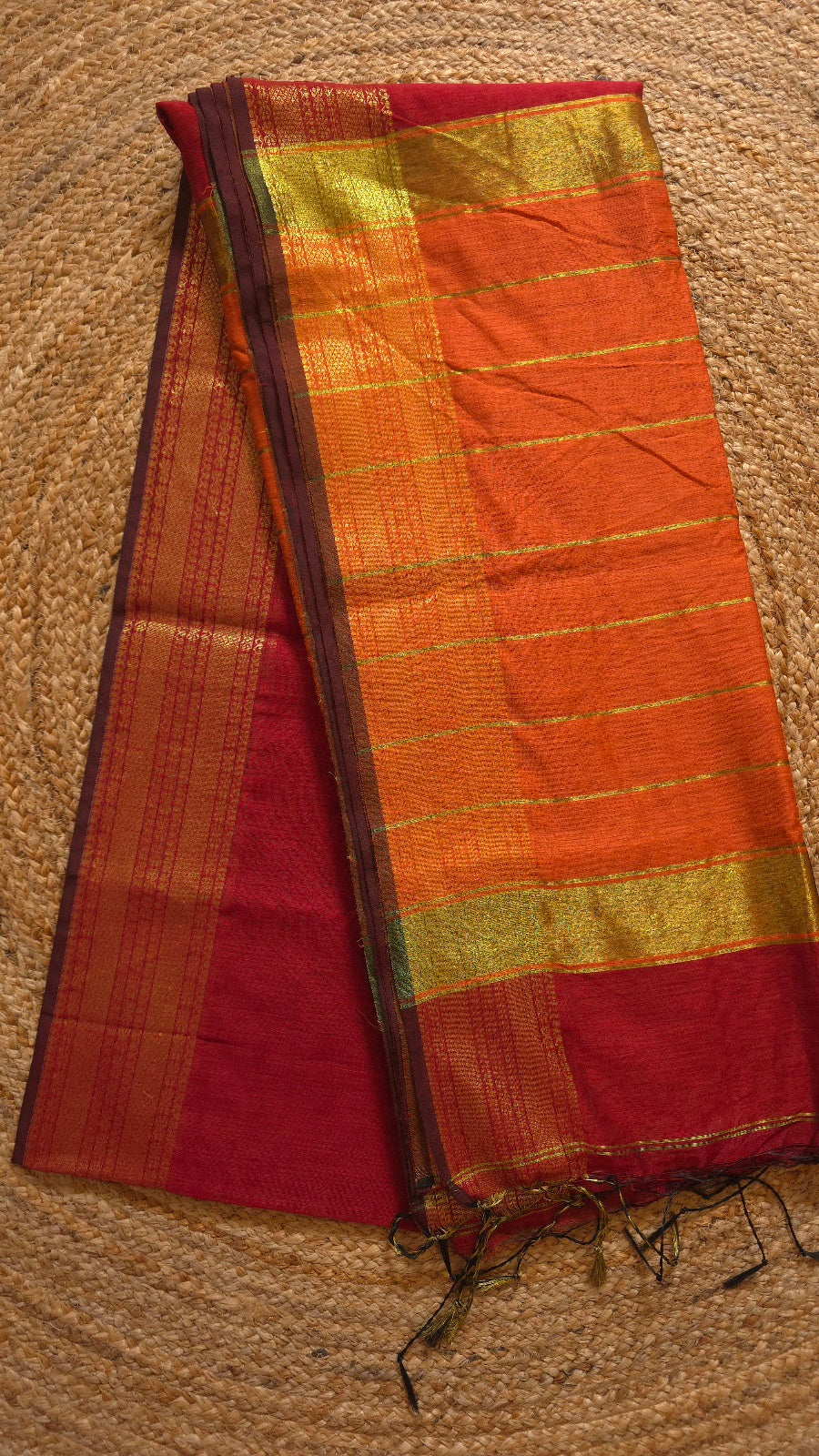 Red Maheshwari-Style Cotton Silk Saree with Orange Pallu