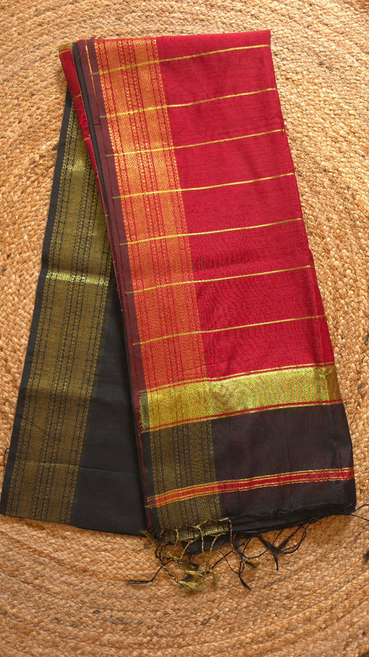 Black Maheshwari-Style Cotton Silk Saree with Red Pallu