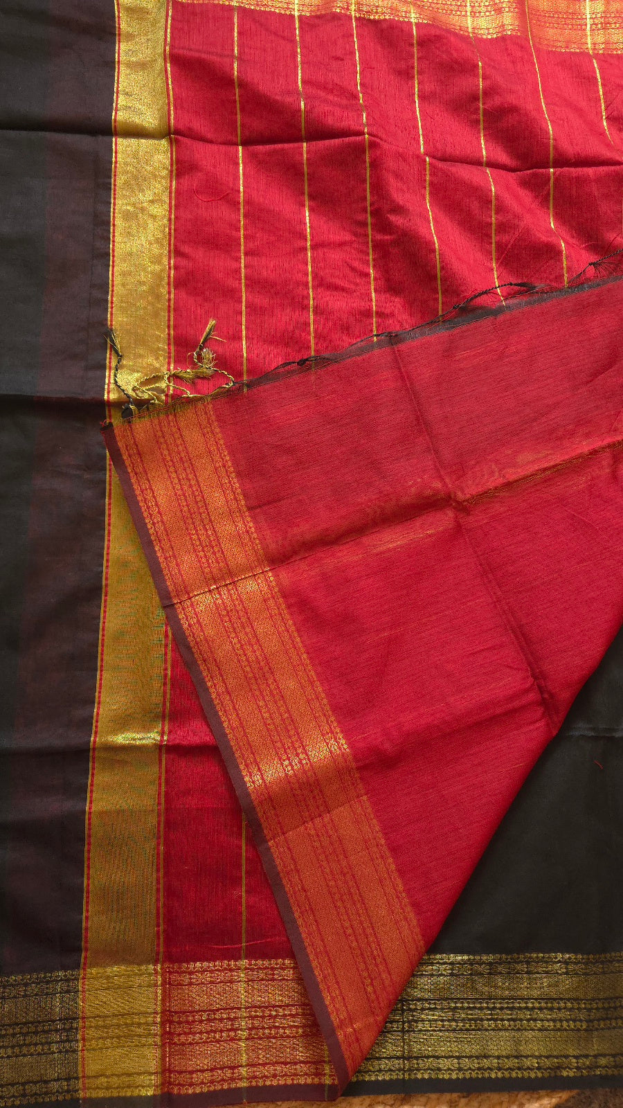 Black Maheshwari-Style Cotton Silk Saree with Red Pallu