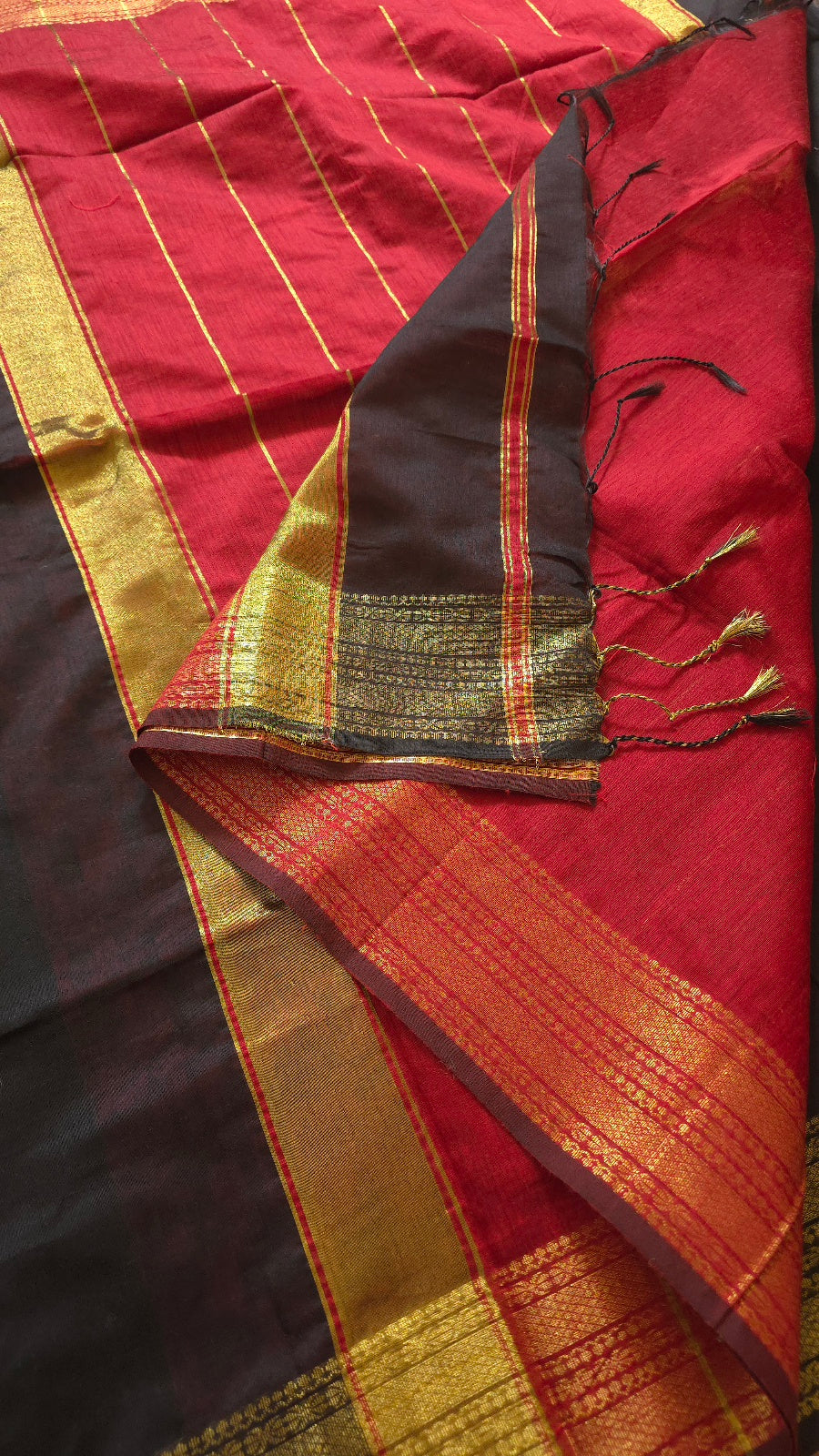 Black Maheshwari-Style Cotton Silk Saree with Red Pallu