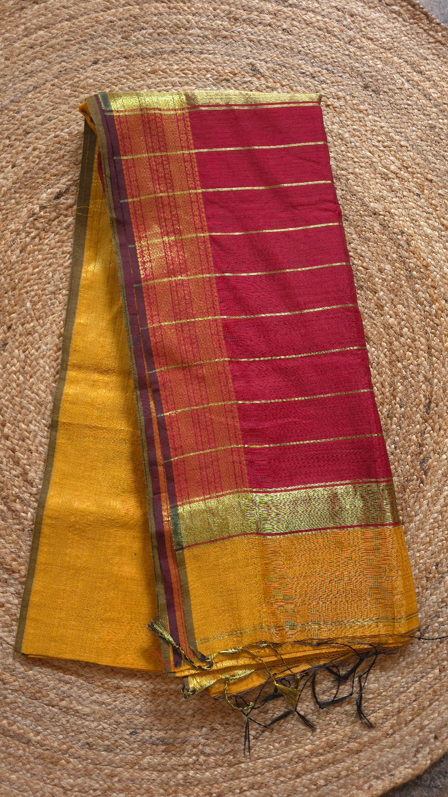 Mustard Yellow Maheshwari-Style Cotton Silk Saree with Red Pallu