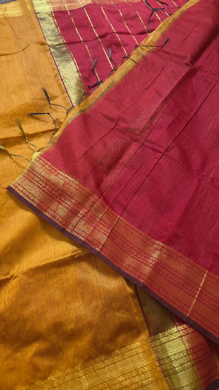 Mustard Yellow Maheshwari-Style Cotton Silk Saree with Red Pallu