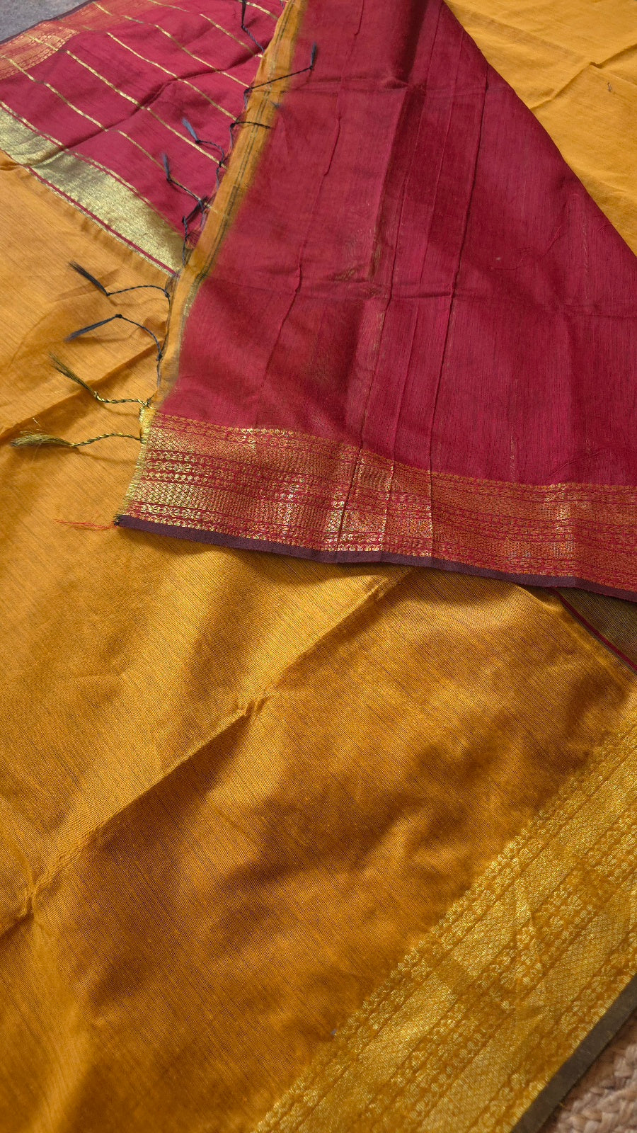 Mustard Yellow Maheshwari-Style Cotton Silk Saree with Red Pallu