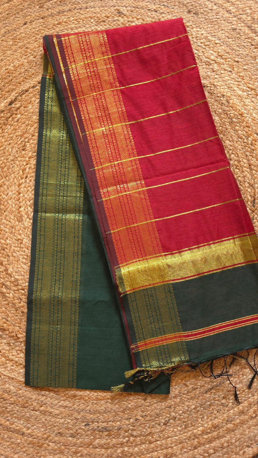 Green Maheshwari-Style Cotton Silk Saree with Red Pallu