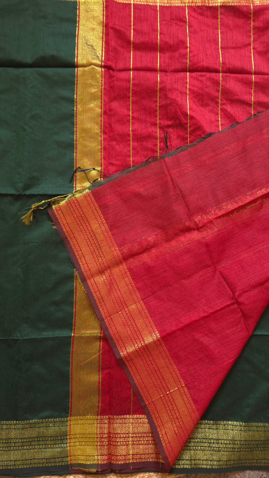 Green Maheshwari-Style Cotton Silk Saree with Red Pallu