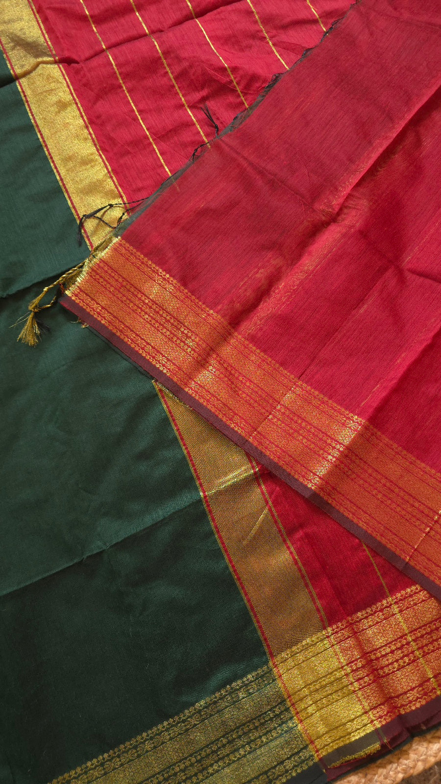 Green Maheshwari-Style Cotton Silk Saree with Red Pallu