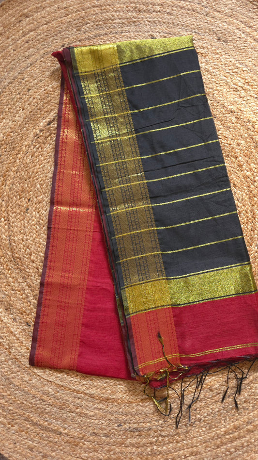 Red Maheshwari-Style Cotton Silk Saree with Black Pallu