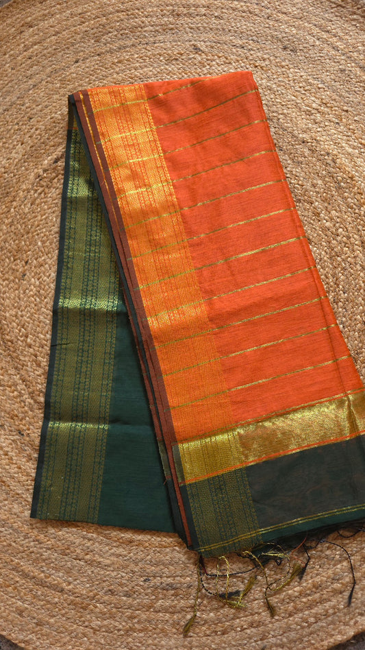 Dark Green Maheshwari-Style Cotton Silk Saree with Orange Pallu