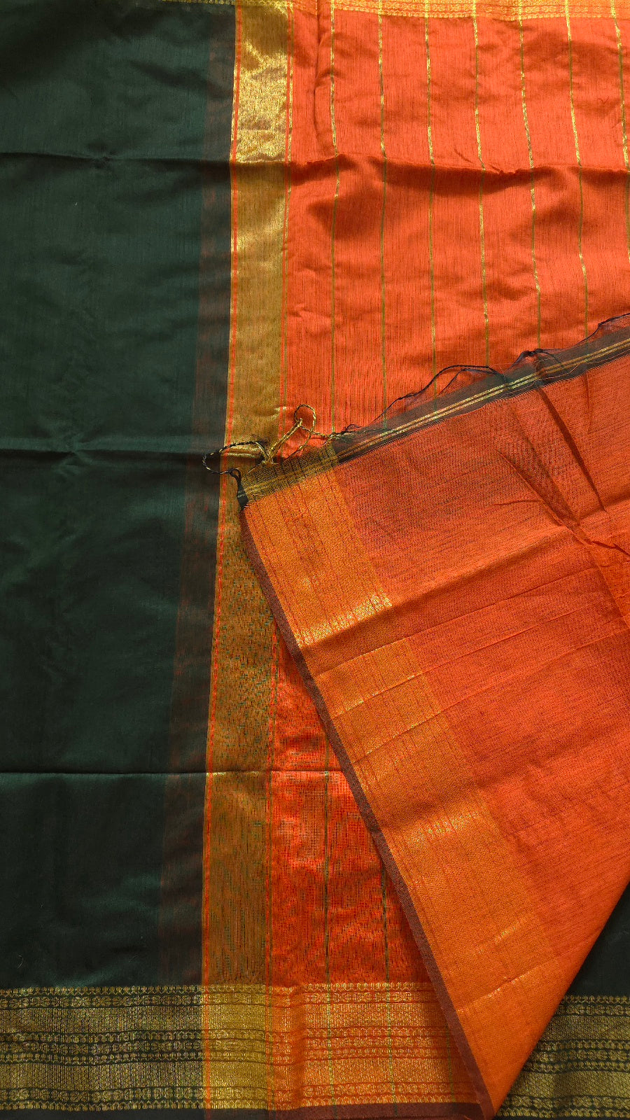 Dark Green Maheshwari-Style Cotton Silk Saree with Orange Pallu