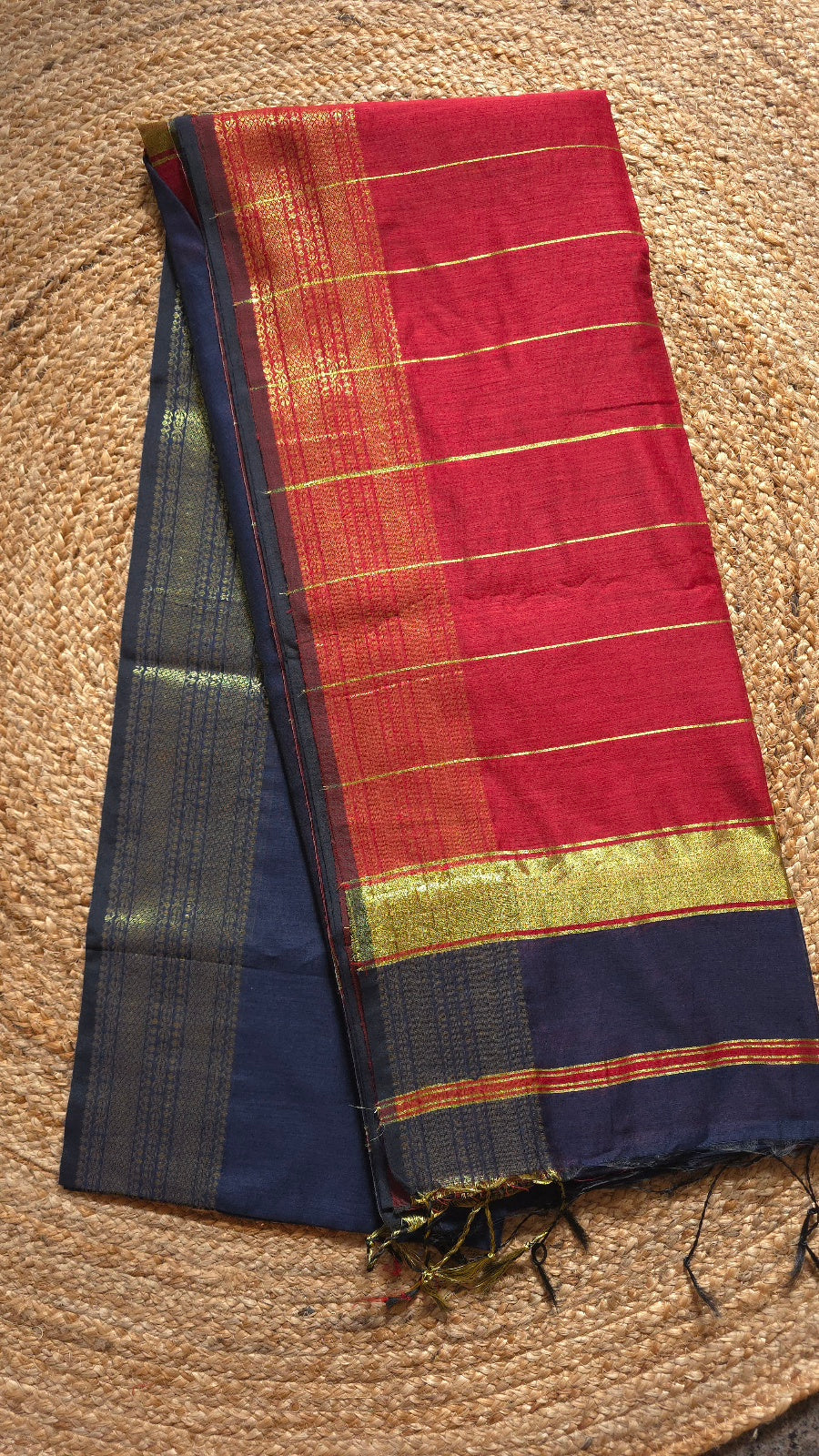 Navy Blue Maheshwari-Style Cotton Silk Saree with Red Pallu