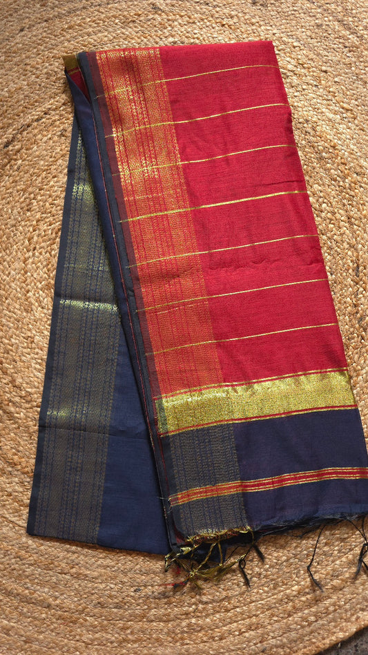 Navy Blue Maheshwari-Style Cotton Silk Saree with Red Pallu