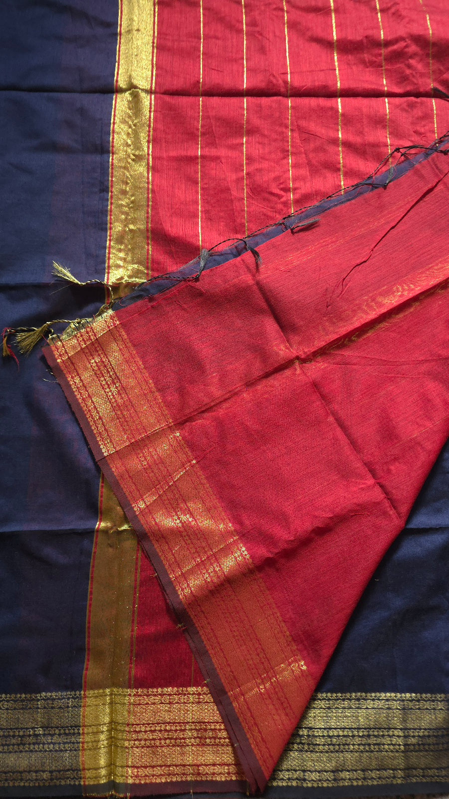 Navy Blue Maheshwari-Style Cotton Silk Saree with Red Pallu