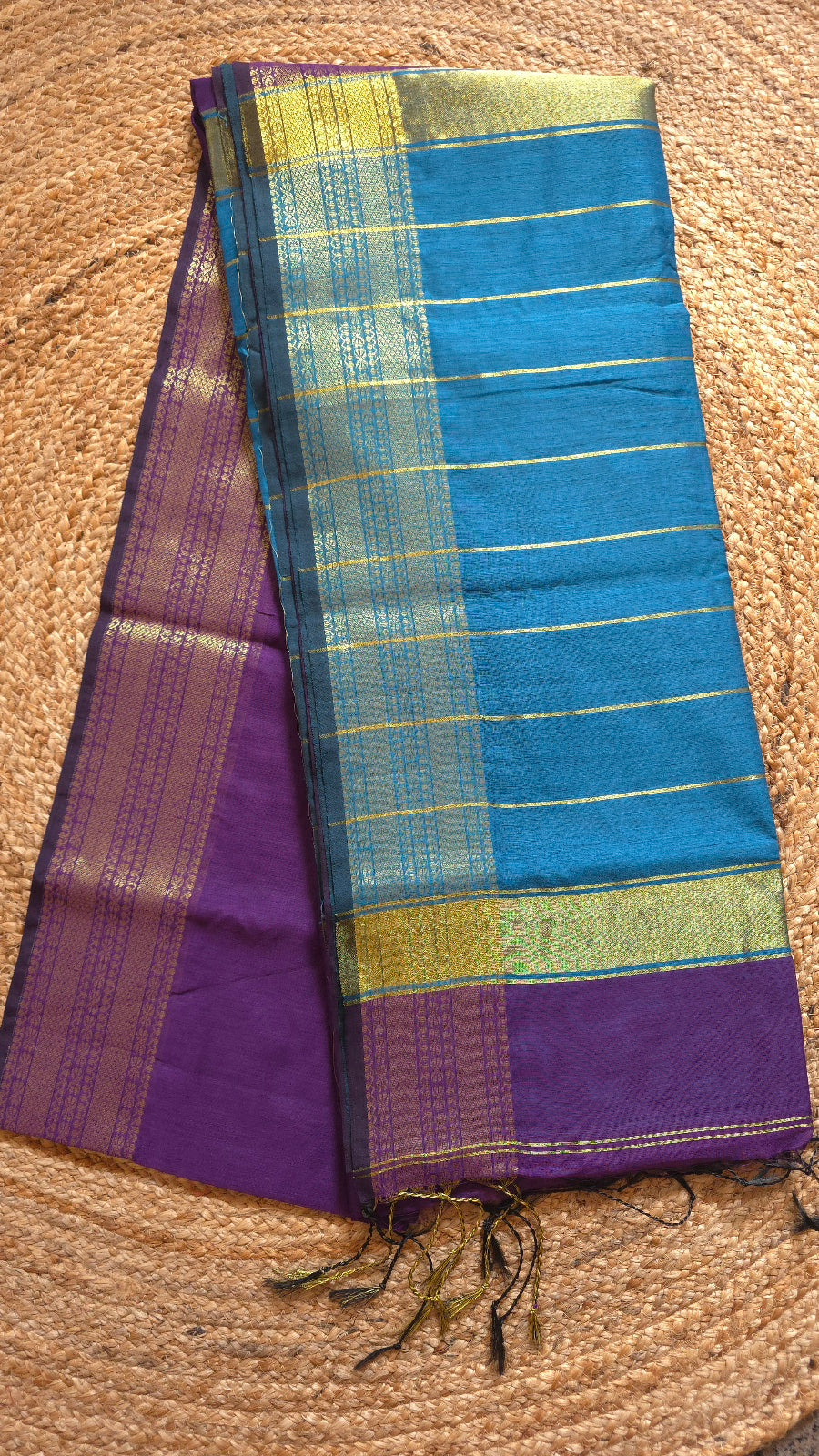 Purple Maheshwari-Style Cotton Silk Saree with Turquoise Blue Pallu