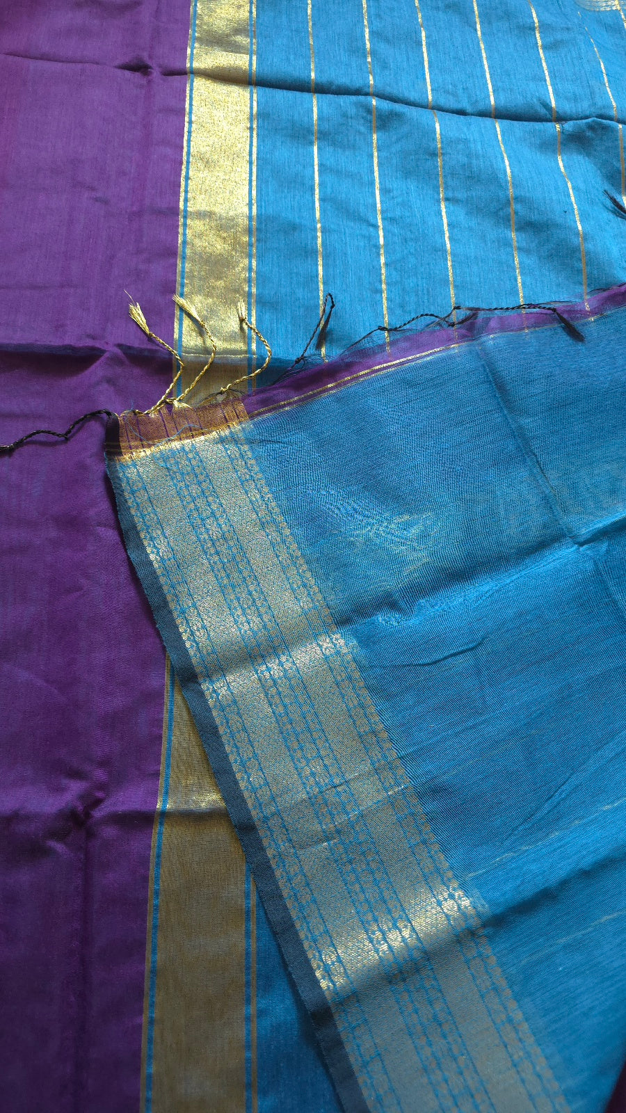 Purple Maheshwari-Style Cotton Silk Saree with Turquoise Blue Pallu