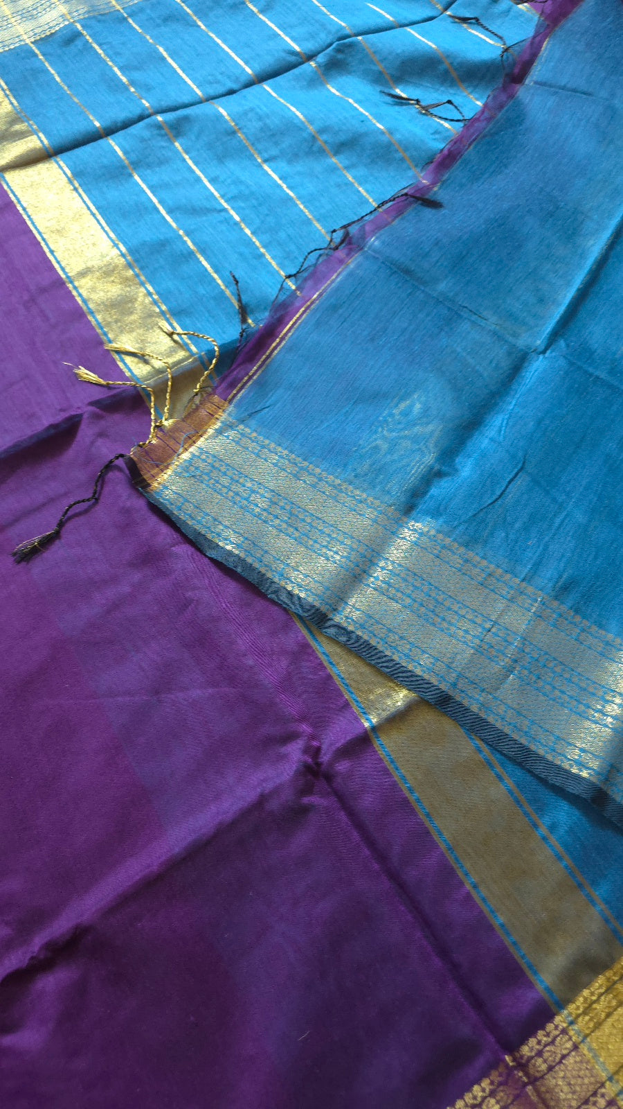 Purple Maheshwari-Style Cotton Silk Saree with Turquoise Blue Pallu