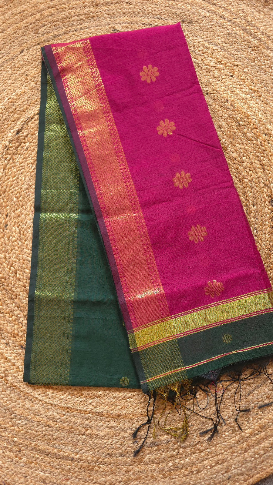 Green Maheshwari-Style Cotton Silk Saree with Magenta Pallu and Flower Butta